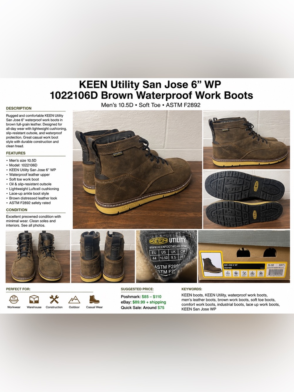 KEEN Utility San Jose 6” Waterproof Work Boots Men 10.5D Brown Soft Toe Leather